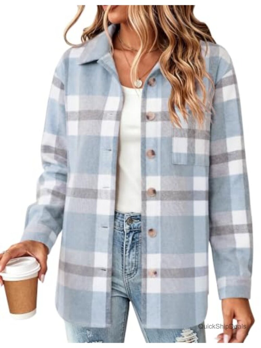 Women's Flannel Shacket Casual Plaid Button Down Long Sleeve Jacket